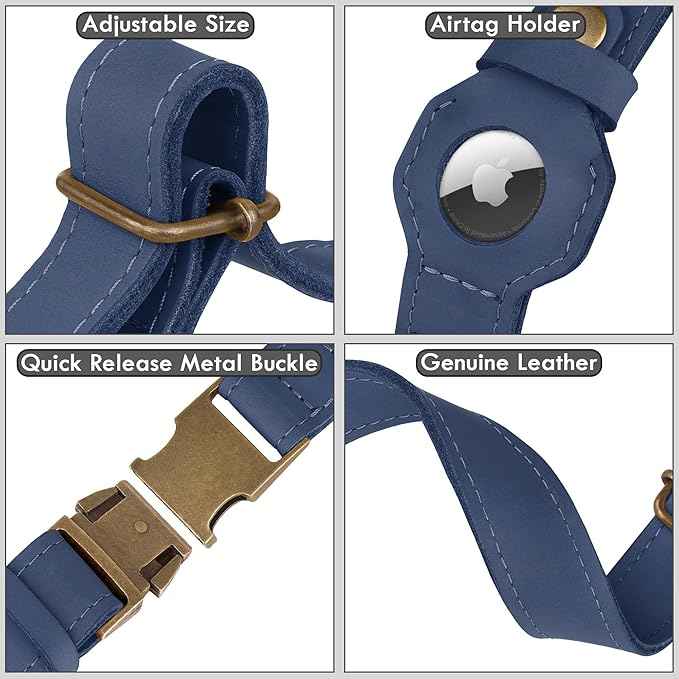 AirTag Dog Collar - Genuine Leather Dog Collar with Apple AirTag Holder and Metal Buckle - Smart GPS Tracking Pet Collars (Smoky Blue, S, 12"-15" Neck Fit) (Smoky Blue, XL, 20"-25" Neck Fit)