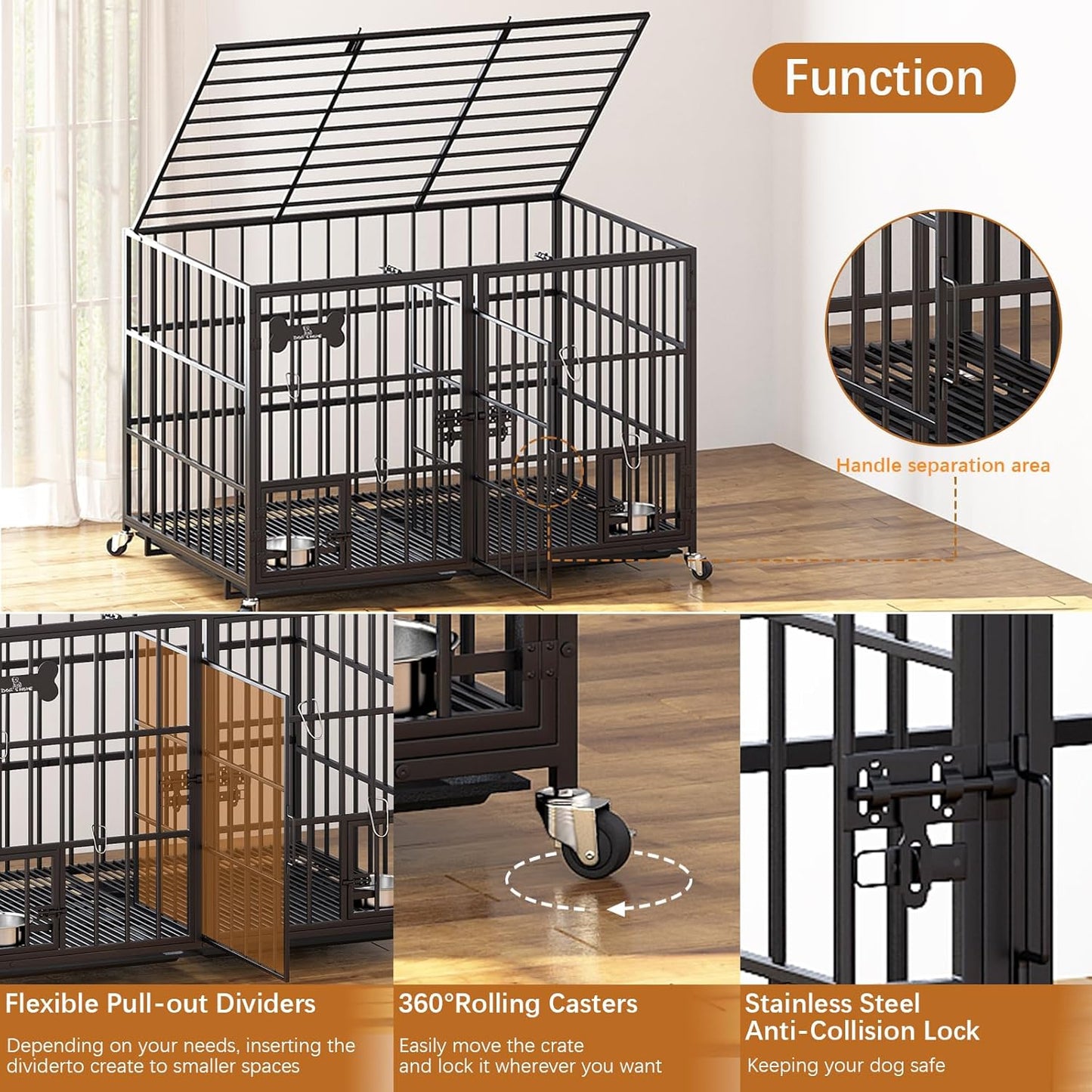 aboxoo 48/42 inch XL Dog Crate for Large Dog/Double Medium Dogs,Heavy Duty Metal Dog Cages,All Metal Open Top,Dog Kennel Indoor with Wheels,Floor Grid, Tray, Divider and Feeding Bowl