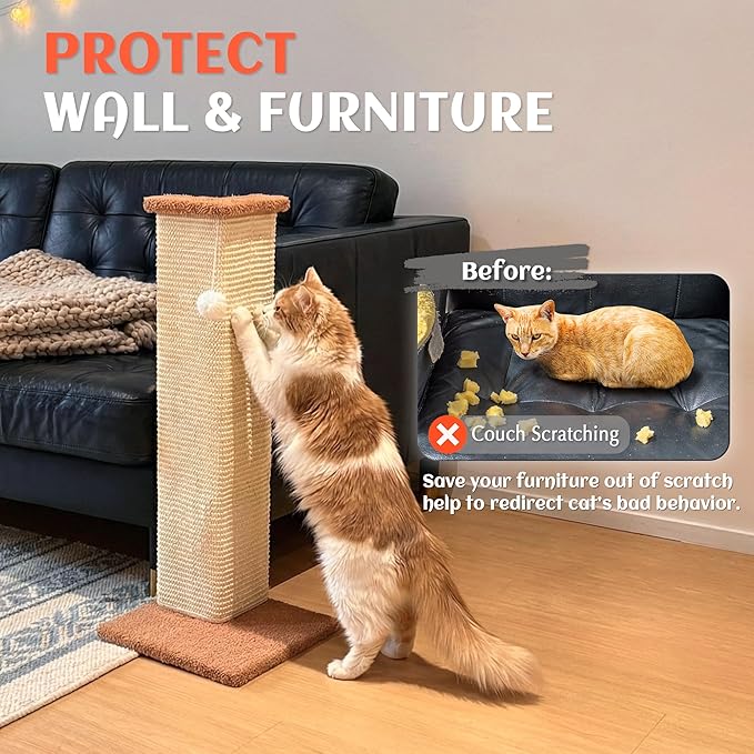 PETKARAY Couch Corner Cat Scratcher, 28.5" Sisal Scratching Post for Indoor Cats, Corner Wall Scratch Pad for Furniture Protection, Plush Base, Large