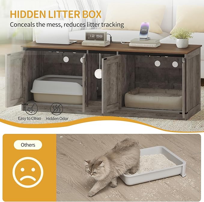 55" L Cat Litter Box Enclosure for 2 Cats, Double Hidden Litter Box Furniture with Scratch Pad, Wooden Cat Cabinet with USB Ports & Power Outlets, Farmhouse TV Stand, Greige CB82505X