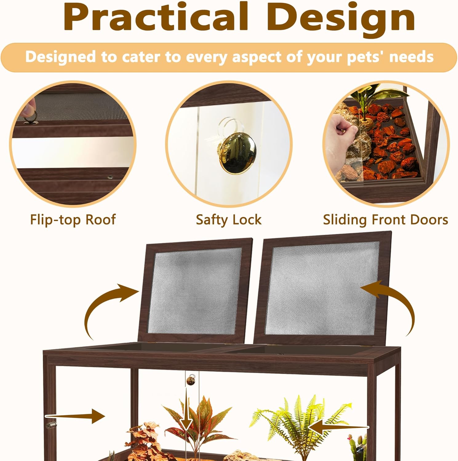 PROLEE Bearded Dragon Tank,81 Gallon Reptile Tank with Meatl Mesh Roof and Front Sliding Door, Anti-Scratch Lizard Tank,Spacious Reptile Enclosure for Snakes,Lguanas, Chameleons(Walnut) - FurryFun