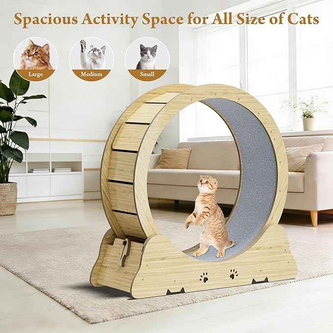 Cat Exercise Wheel, Quiet 34" Cat Treadmill for Indoor Cats, Running Wheel with Carpeted Runway & Safety Lock, Compact Design for Small & Adult Cats Weight Loss & Daily Exercise