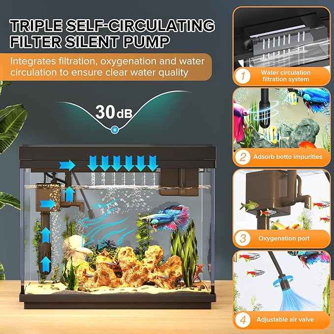 Fish Tank 2.4 Gallon Aquarium with Heater, 3-in-1 Silent Pump with Filteration & Oxygenation & Circulation, 7-Color Timer Cycle Light, Temperature Display, Humidifier, HD Glass Fish Bowl