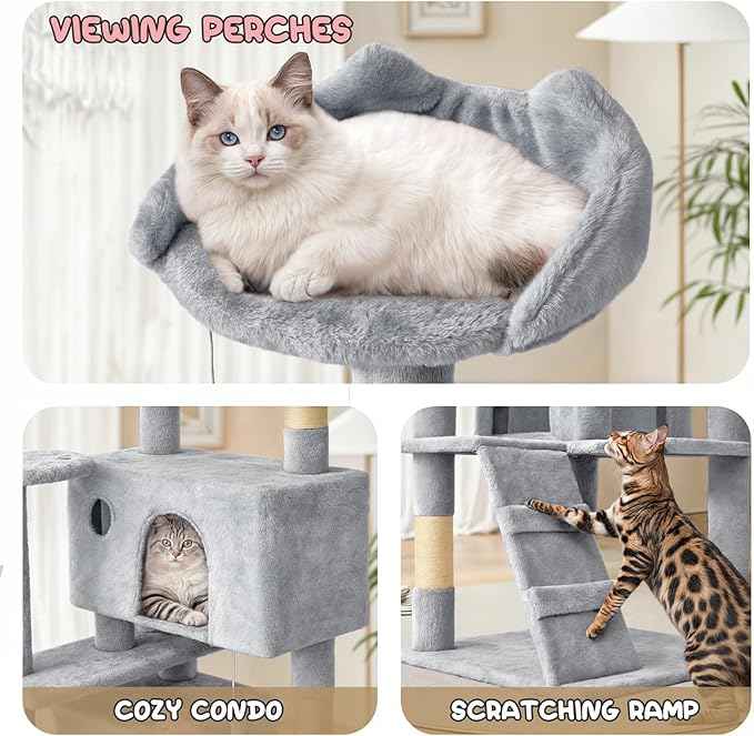 MoNiBloom 77 Inch Cat Tree Tower for Indoor Cats Large Adults, Tall Cat Tower with Scratching Post, Multi-Level Furniture Activity Center with Cat Condo Pet Play House, Light Grey
