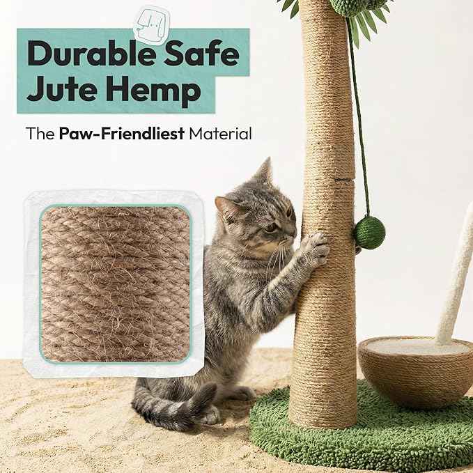Cat Scratching Post 33 Inch Palm Tree with Hanging Balls and Coconut Straw Toy, Cat Scratcher for Indoor Kittens, Extra Stable Base, Paw-Friendly Jute Material M
