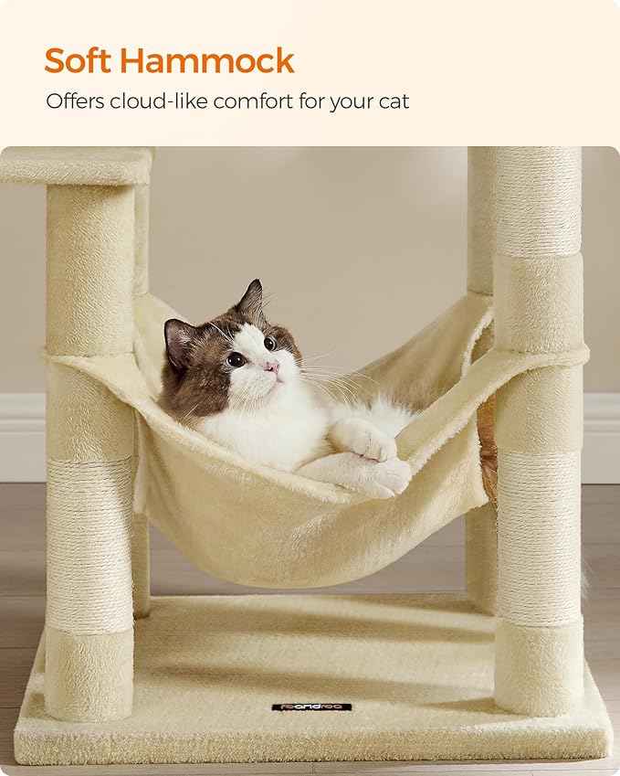 Feandrea Cat Tree, 55.1-Inch Cat Tower, Plush Multi-Level Condo with 4 Scratching Posts, 2 Perches, Hammock, Cave, Beige UPCT161M01