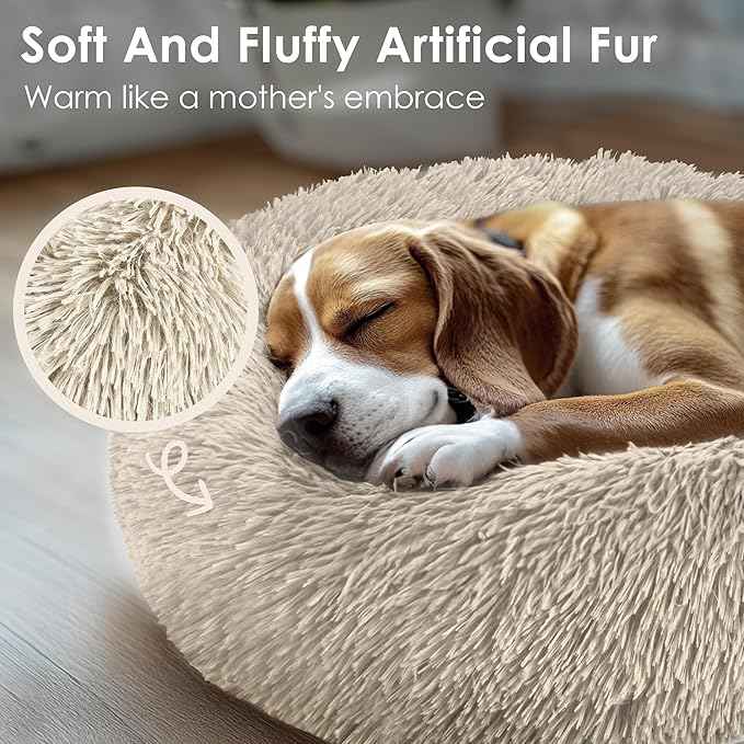 Dogs Bed for Small Dogs, Anti-Anxiety Washable Round Bed (Light Brown, 24.0" L x 24.0" W x 8.0" Th)