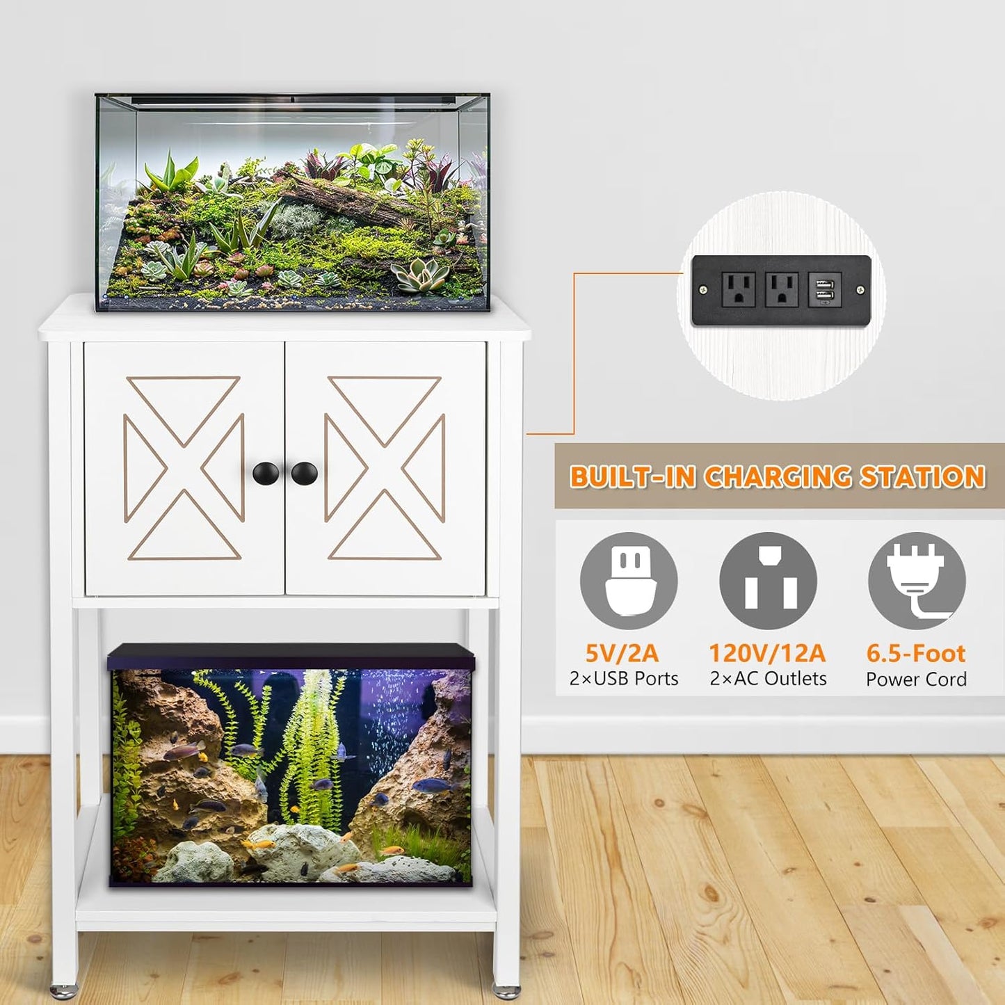 5-10 Gallon Fish Tank Stand, Heavy Duty Aquarium Stand with Cabinet & Power Outlets for Fish Tank Accessories Storage, Double Reptile Terrarium Stand 20.5" L* 11" W Tabletop, White