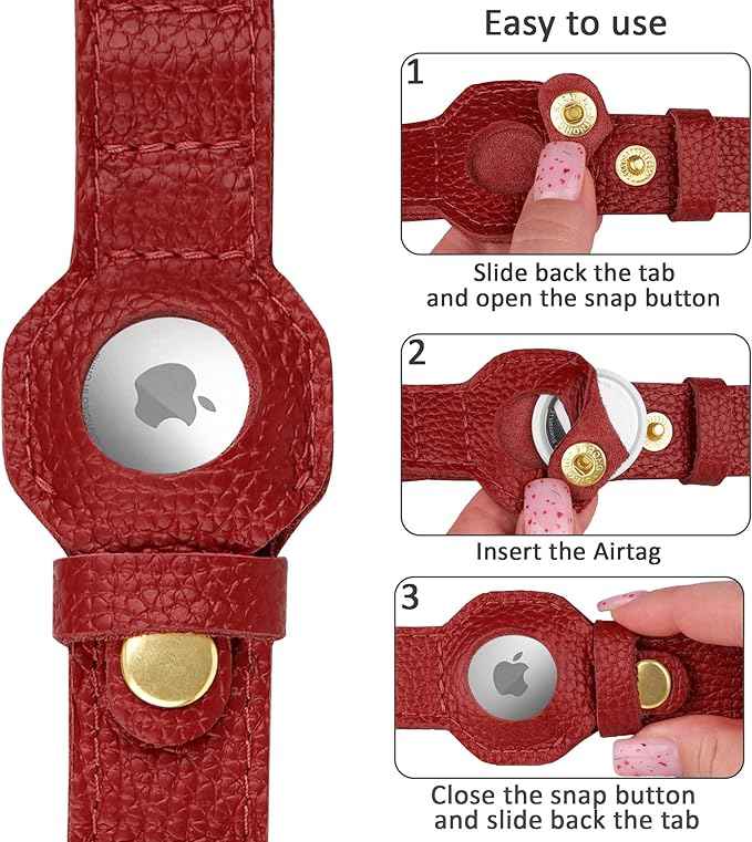 Leather Airtag Dog Collar - Soft Tracking Dog Collar with Apple AirTag Holder and Metal Buckle - Safety GPS Pet Collars for Small Medium Large Dogs Puppy Pink Red (Red, L, 17"-21" Neck Fit)