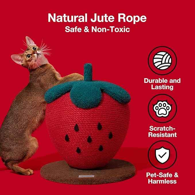 VETRESKA Strawberry Cat Scratching Post, Cute Cat Scratcher with Jute Rope, Vertical Cat Scratch Post for Indoor Cat and Kitten, Ring Paper Strawberry Leaves Attract Cats