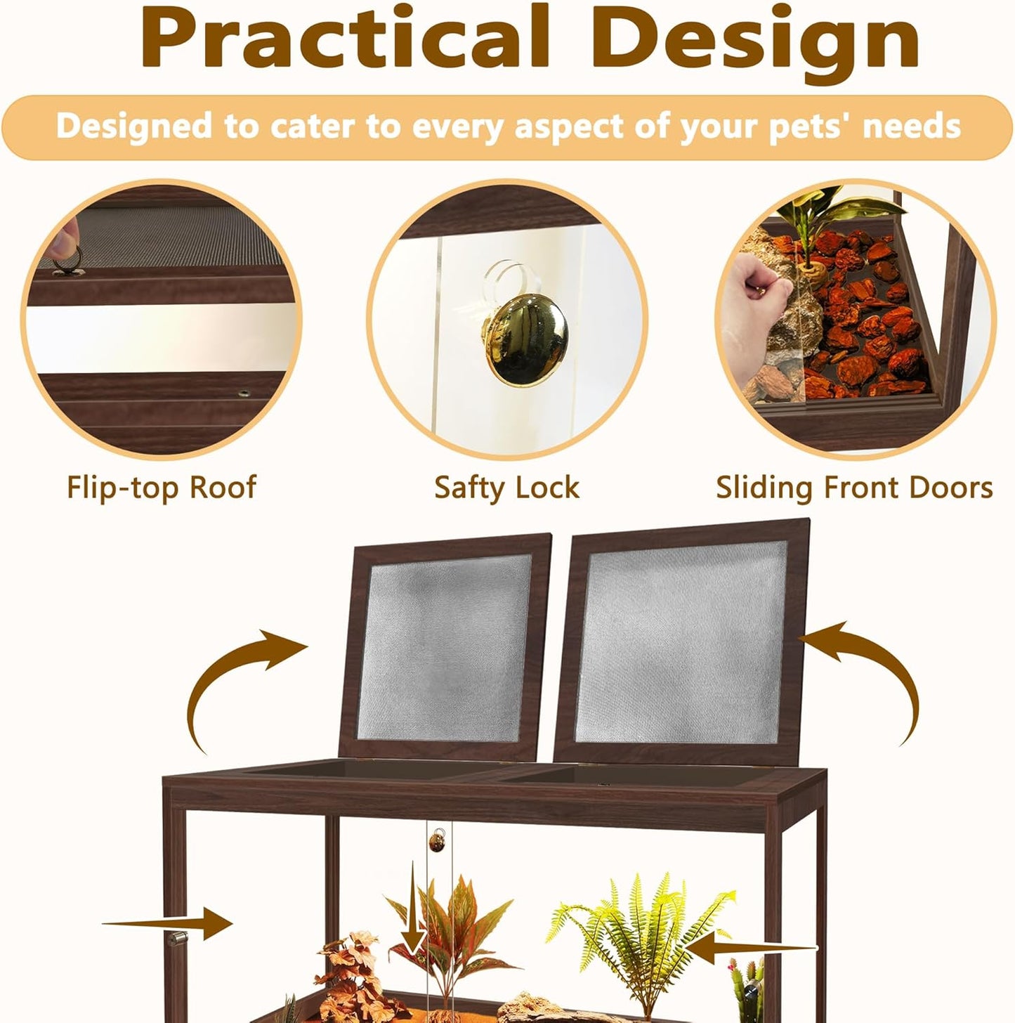 PROLEE Bearded Dragon Tank,27 Gallon Reptile Tank with Meatl Mesh Roof and Front Sliding Door, Anti-Scratch Lizard Tank,Spacious Reptile Enclosure for Snakes,Lguanas, Chameleons(Walnut) - FurryFun
