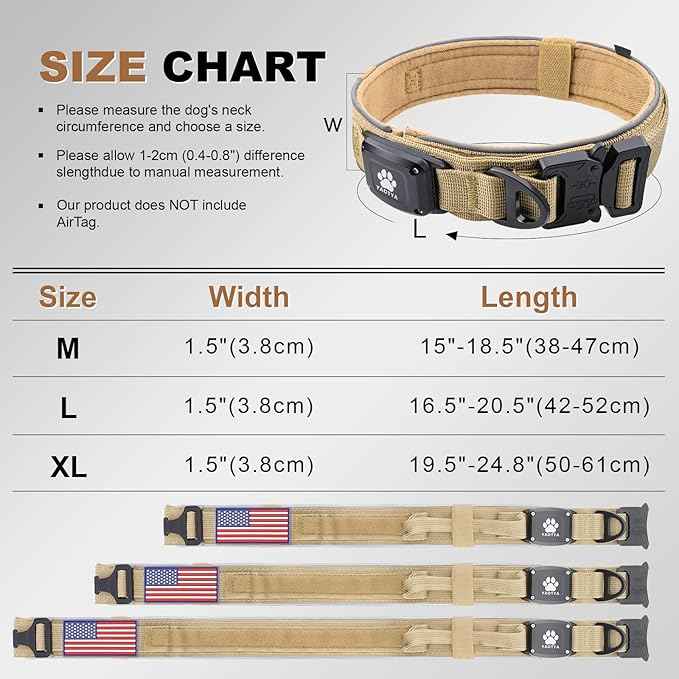 2026 Upgrade Dog Collar with IPX8 Waterproof AirTag Holder,Military Tactical Comfortable Control Handle and Ultra-Durable Metal Buckle/Night Reflective,GPS Collar for Medium to Large Dogs（Khaki/XL）