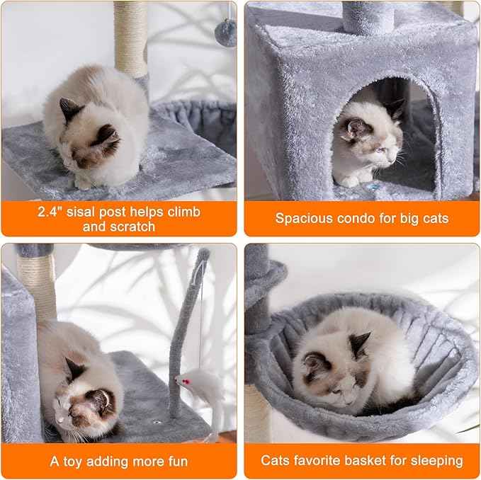 Heybly Cat Tree with Toy, Cat Tower Condo for Indoor Cats, Cat House with Padded Plush Perch, Cozy Hammock and Sisal Scratching Posts, Light Gray HCT004W