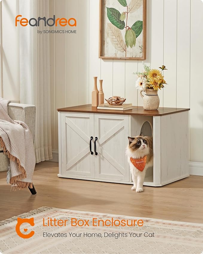 Feandrea Litter Box Enclosure, Modern Cat Litter Box Furniture Hidden, Front Entry, Double Doors, Handles, Cat House, Side End Table, 33.5 x 19 x 19.5 Inches, Honey Brown and Rustic White UPCL012K01