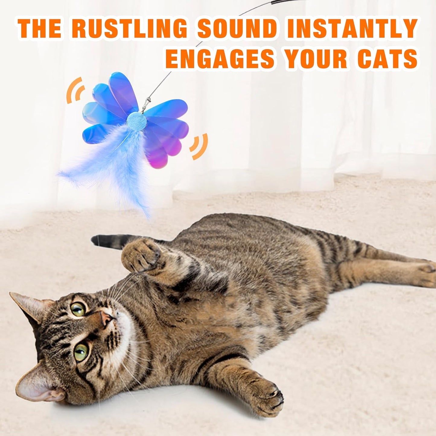 JXFUKAL Cat Feather Toy Refills, 4Pcs Simulation Butterfly Dragonfly Glitter Piece Feather Cat Lures Wand Attachment Replacement for Kitty Kitten Indoor Cats Accessories