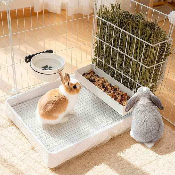 3 in 1 Rabbit Hay Feeder with Litter Box,Upgraded Metal Hay Rack & Litter Tray & Water Bowl,Quick Cleaning,Easy to Install,Bunny Supplies for Rabbit Guinea Pig Chinchilla Small Animals