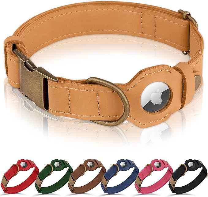 AirTag Dog Collar - Genuine Leather Dog Collar with Apple AirTag Holder and Metal Buckle - Smart GPS Tracking Pet Collars (Light Brown, M, 14"-18" Neck Fit)