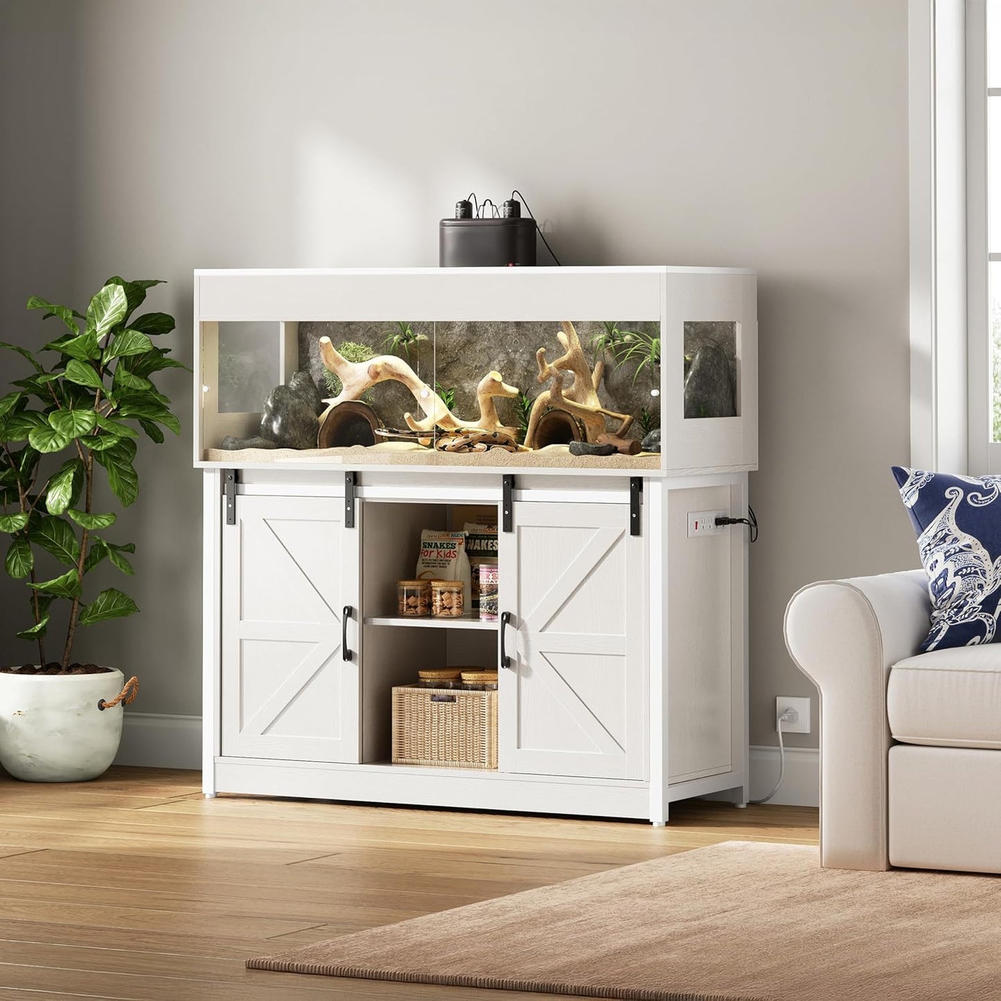 60 Gallon Reptile Terrarium with Stand, Terrarium Enclosure with Acrylic Doors, Storage Cabinet with Barn Door, Mesh Lid & Power Outlet – Vivarium Habitat for Medium Reptiles White PX05RTW - FurryFun