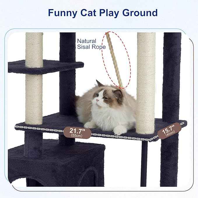 Cat Tree for Indoor Cats Large Adult, 70.5'' Cat Tower with Scratching Post, Sturdy Steel Pube Cat Tree Tower with Large Playing Platfrom, Hammock and Basket, Top Perch, Drak Gray GCT024G