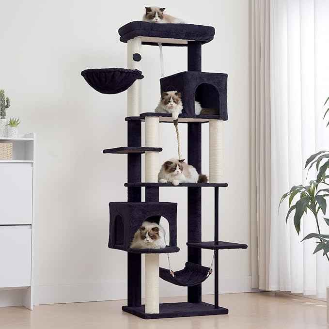Cat Tree for Indoor Cats Large Adult, 70.5'' Cat Tower with Scratching Post, Sturdy Steel Pube Cat Tree Tower with Large Playing Platfrom, Hammock and Basket, Top Perch, Drak Gray GCT024G