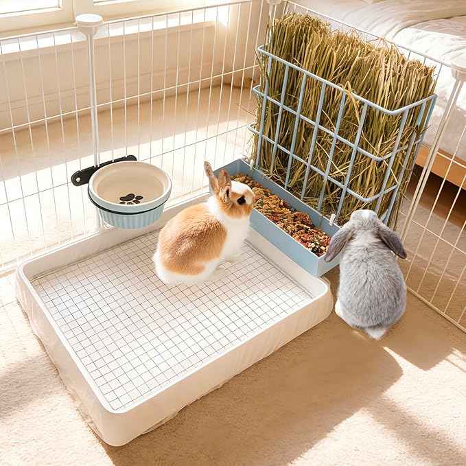 3 in 1 Rabbit Hay Feeder with Litter Box,Upgraded Metal Hay Rack & Litter Tray & Water Bowl,Quick Cleaning,Easy to Install,Bunny Supplies for Rabbit Guinea Pig Chinchilla Small Animals
