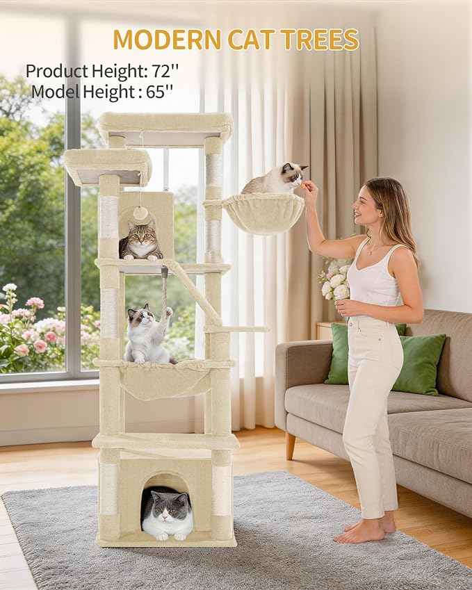 Large Cat Tree, 72 Inch Tall Indoor Cat Tower for 6 Large Cats, Corner Climbing Activity Pet Condo with 2 Large Platforms/2 Cats House/6 Scratching Post/1 Hanging Basket, Beige MS18318YG