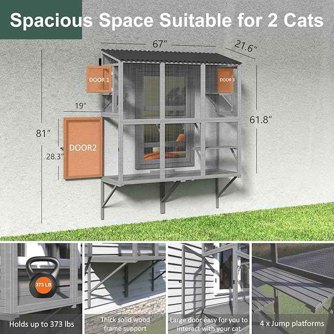 Cat Catio, Expandable Window Box Enclosure for Multiple Indoor Cats, Comfortable Wooden Small Pet Perch House, All-Weather Use, for Safely Enjoying Outdoor Sights, Playing, Sunbathing, Napping