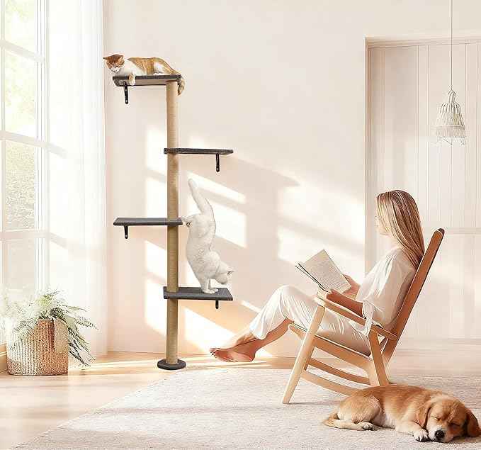 Cat Tree Wall Mounted,Tall Scratching Post for Indoor Cats Climbing Tower Activity Wood Cat Wall Furniture (Grey)
