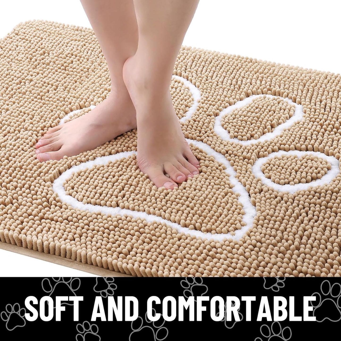 Smiry Dog Door Mat for Muddy Paws, Absorbent Dirt Trapper Non Slip Quick Dry Washable Chenille Mat for Mud Dogs, Entry Rug for Indoor and Outdoor (70x24 Inches, Beige)