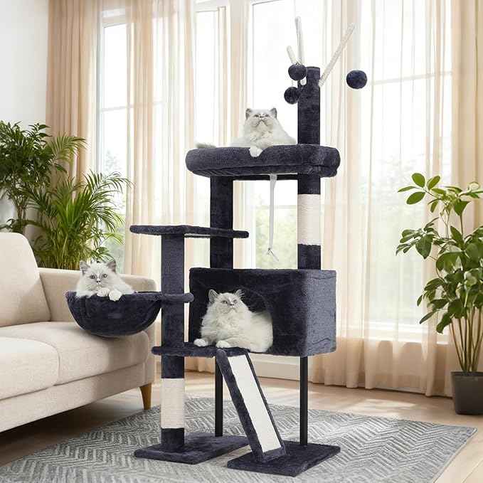 Cat Tree for Indoor Cats, Cat Tower with Scratching Post for Small Cats and Kittens, Cat House with Removable Top Platform and Fluffy Balls, Hanging Cat Basket, Smoky Gray GCT006SG