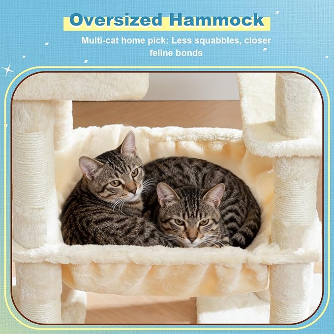 Hey-brother Cat Tree Tower, Scratching Posts with Big Platform, 2 Condos, Spacious Hammock, Cozy Basket, Sisal Board for Indoor Large Adults, 50 Inches Progressive Climbing House, Beige MPJ071M