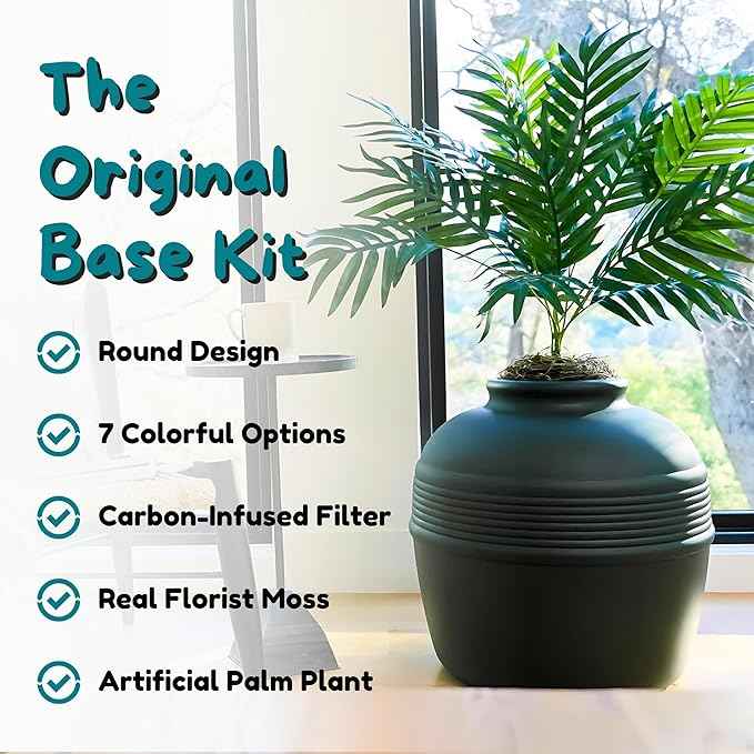 Good Pet Stuff Hidden Litter Box Planter, Decorative Cat Litter Enclosure with Carbon Filter, Artificial Plant, Easy Clean, Indoor Design, Original Round Style, Base Kit, Black Suede