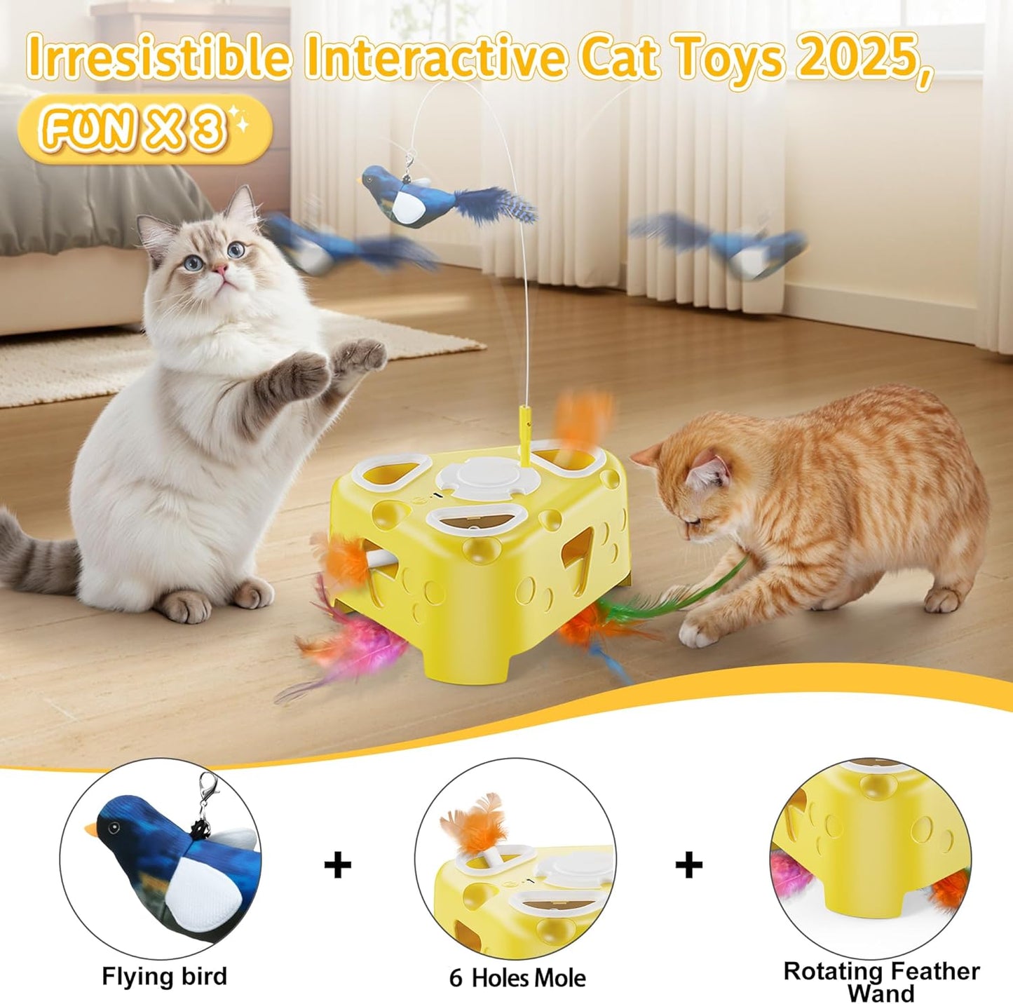 3-in-1 Interactive Cat Toy for Indoor Cats,Automatic Kitten Toys,Flying Bird,6 Holes Mole,Rotating Feather, USB Rechargeable Electronic Interactive Feather Toy for Bored Adult & Kitten Cats