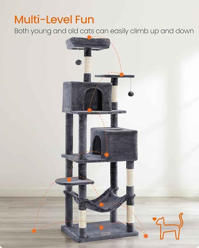 Feandrea Cat Tree, 73.2-Inch Tall Cat Tower, Plush Multi-Level Condo with 5 Scratching Posts, 2 Perches, 2 Caves, Hammock, 2 Pompoms, Smoky Gray UPCT191G01