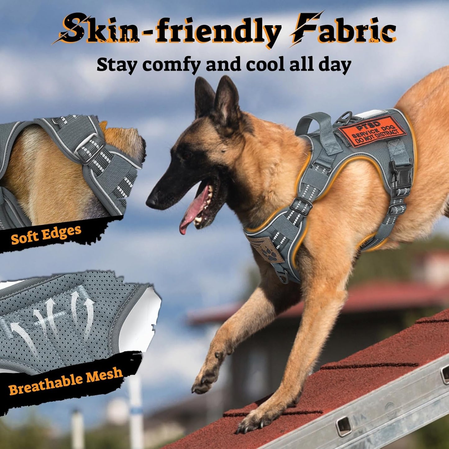 rabbitgoo Dog Harness for Large Dogs No Pull, Tactical Service Pet Vest with Molle and Control Handle, Adjustable and Reflective Military Harness for Easy Walking and Training, Grey, XL