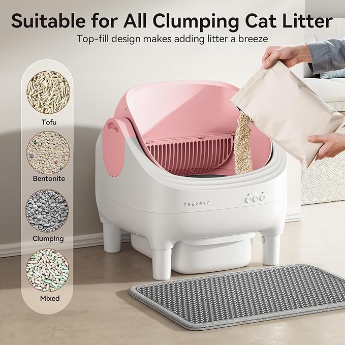 Thereye Self Cleaning Litter Box, Open-Top Automatic Litter Box with Smart App and Safety Sensors, Large Auto Litter Box for Multiple Cats, 10L Waste Bin with Odor Control, Includes Trash Bag, Pink