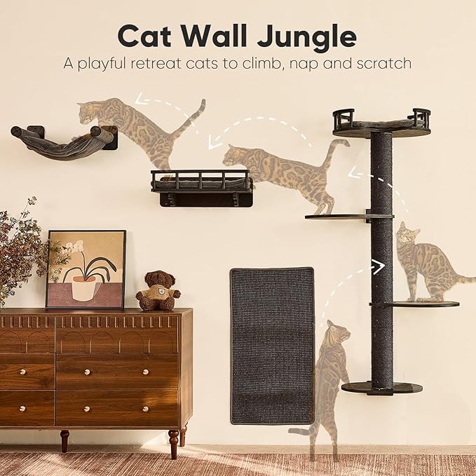 FUKUMARU Cat Wall Shelves, 4 in 1 Stable Wooden Wall-Mounted Furniture Set, Climbing Tree with Hammock, Bed, Perch and Scratching Mat (Black)
