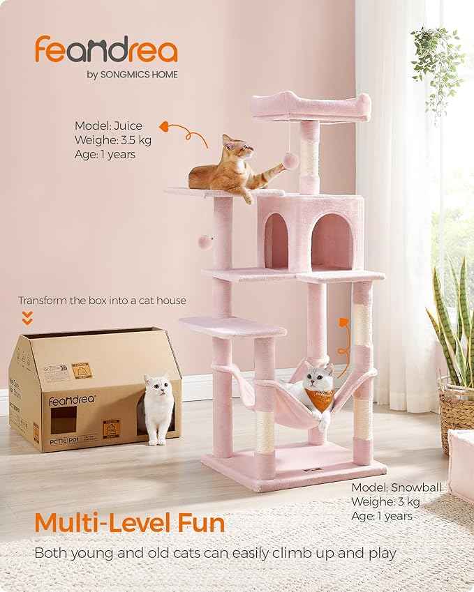 Feandrea Cat Tree, 55.1-Inch Cat Tower, Plush Multi-Level Condo with 4 Scratching Posts, 2 Perches, Hammock, Cave, Jelly Pink UPCT161P01