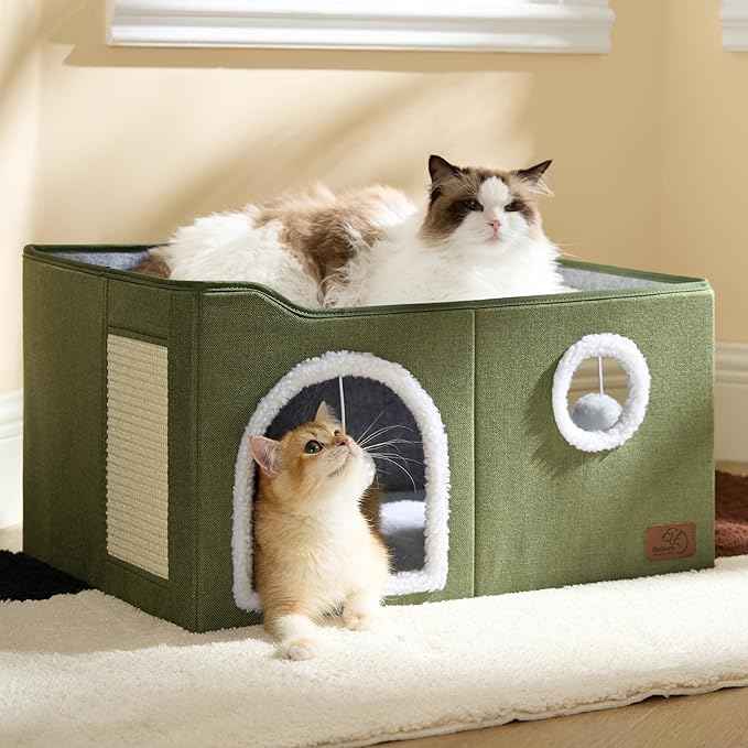 Bedsure Large Cat Beds for Indoor Cats - Extra Wide Cat Cube House for Small Pet with Fluffy Ball Hanging and Scratch Pad, Foldable Pet Cave Hideaway for Multiple Cats, 23.6x16.9x13 inches