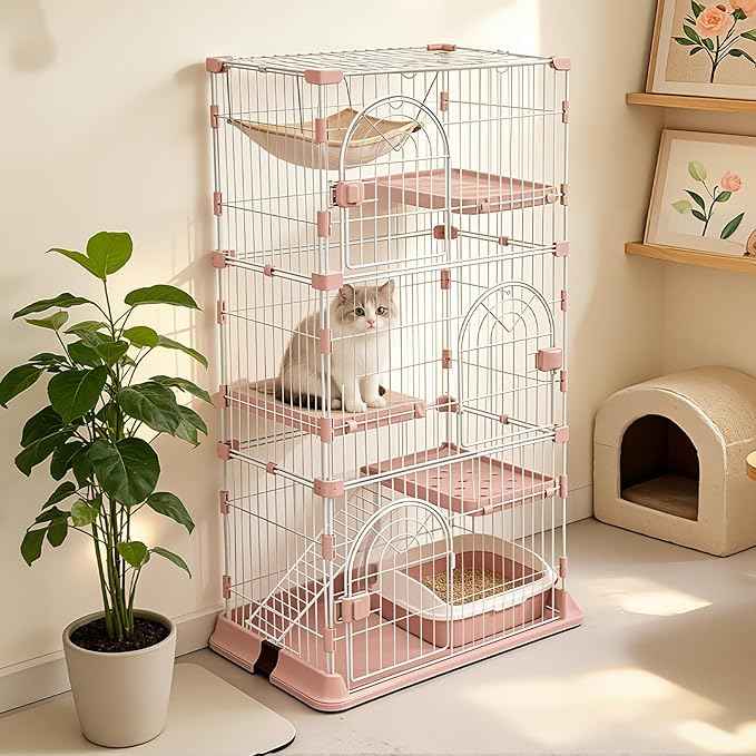 Cat Cage 3-Tier Indoor Cat Enclosure with Widen Bottom Buckle & Reinforced Locking Clamps DlY Cat Playpen for 2-3 Cats & Small Pets,33" Lx 24" W X 64" H (Pink, Three-Tier64)