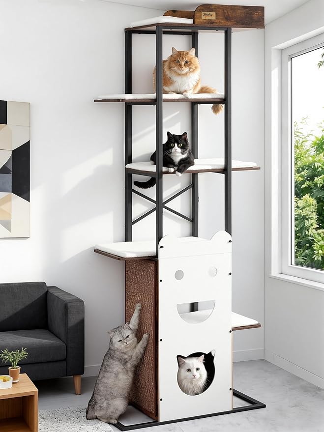 Modern Wood Cat Tree Tower, 84 Inch Extra Tall Cat Condo Trees for Indoor Cats Large Adult, XL Multi-Level Heavy Duty Wooden Sturdy Cat House Furniture with Platform Perch Bed Scratching Post Board