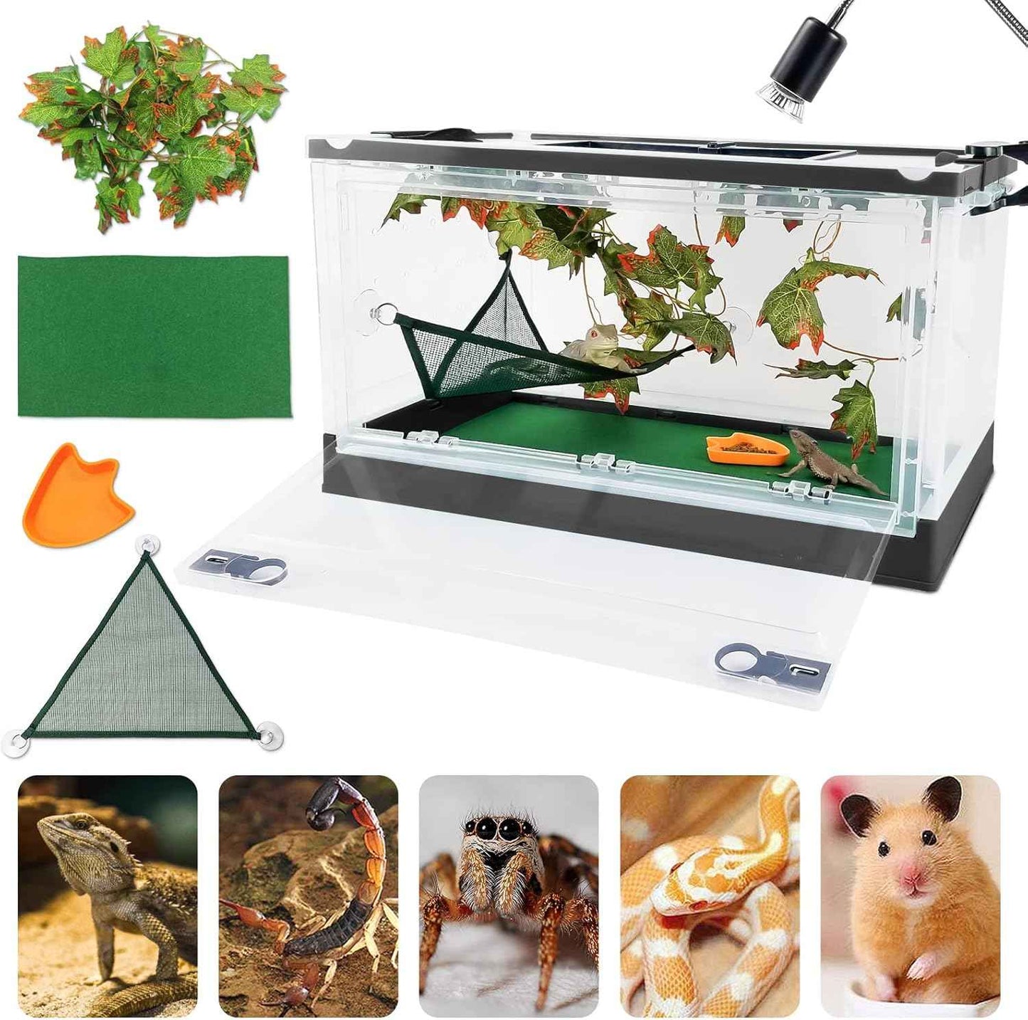 Travel Portable Foldable Terrarium Kits for Reptiles -Heat-Resistant Material, Easy to Move with Wheels, Includes Plant, Feeding Bowl, and Carpet for Snakes, Lizards, Tortoises, and Leopard