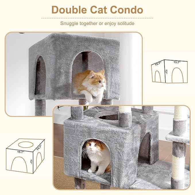 Heybly Cat Tree, 76-Inch Tall Heavy Duty Cat Tower for Big Cats with Extra Wide Baseboard, Multi-Level Large Cat Furniture with 2 Condos & 2 Hammocks, 10 Scratching Posts, Light Gray HCT039W