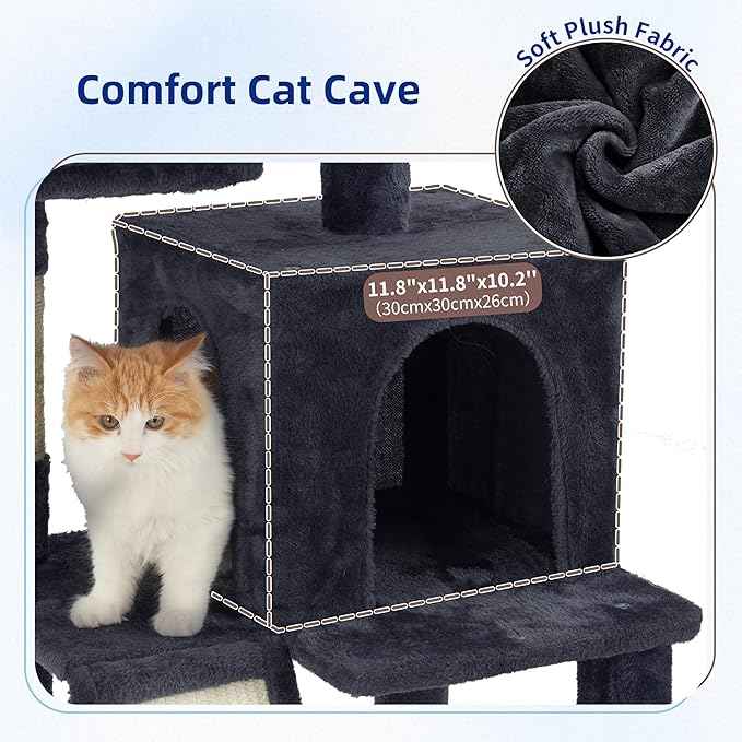 Multi-Level Cat Tree for Indoor Cats, Cat Tower with 2 Scratching Boards, 2 Plush Padding Platforms, Cat Condo House with Hammock, Basket, Smoky Gray GCT022G