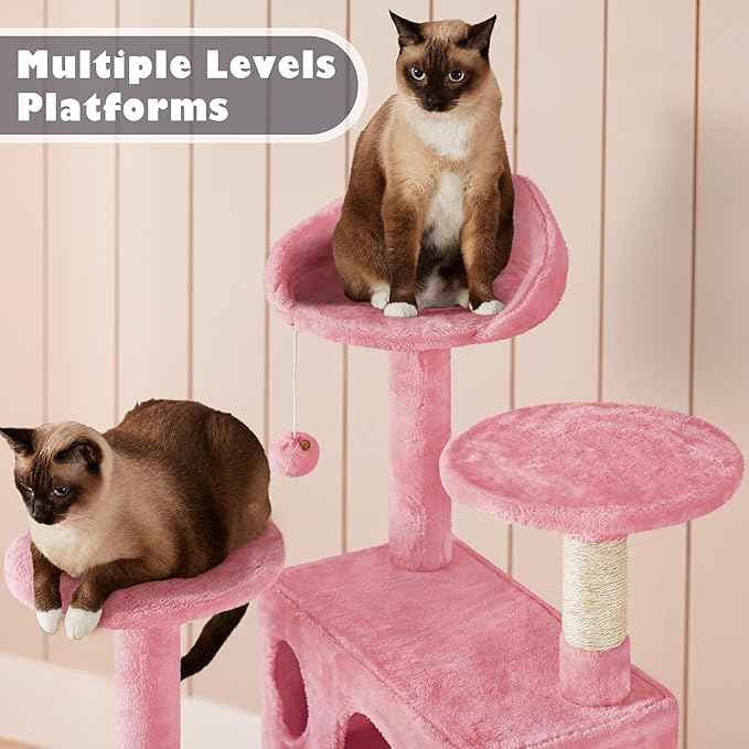 Yaheetech 54in Cat Tree Tower, Multi-Level Cat Tree for Indoor Cats with Scratching Posts, Dangling Balls Cat Play House, Pink