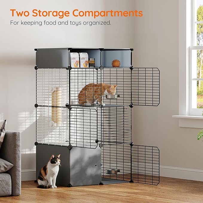 HOOBRO Cat Cage with Litter Box, 3 Tier Indoor Cat Enclosure Playpen with Storage, Food Bowls and Scratching Post, Detachable Metal Wire Kennel Crate, 27.6" L x 17.7" W x 48.8" H, Black and Grey