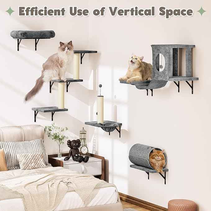 NUNU LAB Wall Mounted Cat Wall Shelves, 14-in-1 Cat Wall Climber with Bridge, Tunnel, House, Scratcher, Steps, Indoor Space-Saving Furniture for Kittens Play, Gray