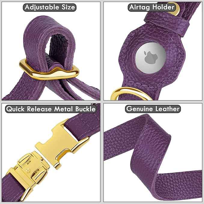 Leather Airtag Dog Collar - Soft Tracking Dog Collar with Apple AirTag Holder and Metal Buckle - Safety GPS Pet Collars for Small Medium Large Dogs Puppy Pink Red (Purple, XS, 9"-12" Neck Fit)