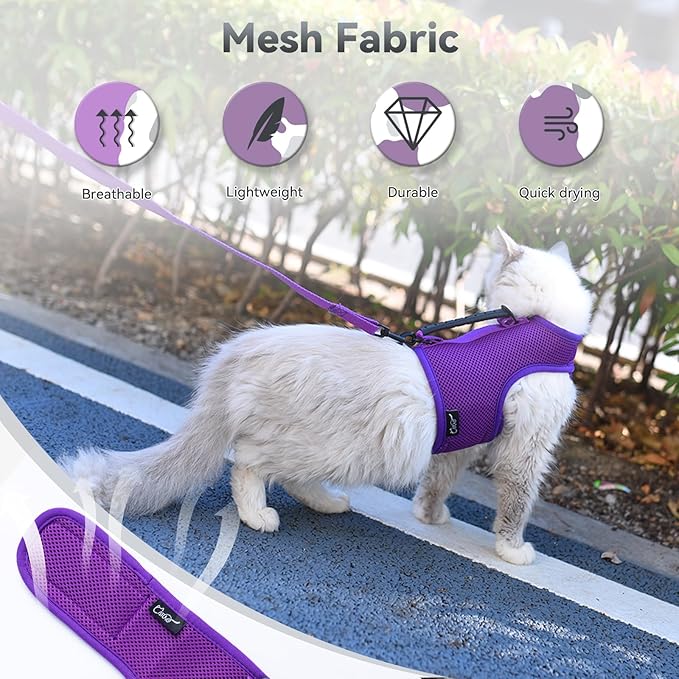 Cat Harness and Leash for Walking Escape Proof Breathable Mesh Fabric, Purple, Large, Adjustable Cat Walking Jackets with Handle, Padded Stylish Cat Vest