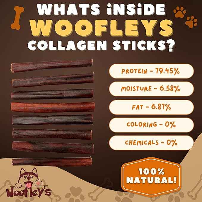 Woofley's 12 Inch Beef Collagen Sticks for Dogs (8 Count) Bully Stick Rawhide Alternative Dog Chews No Hide Bones for Medium & Large Dogs